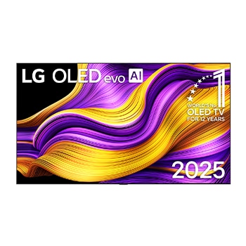 Tampilan depan Smart TV 4K LG OLED evo AI G5. Lambang 12 Tahun OLED nomor 1 dunia dan logo LG OLED evo AI 2025 pada layar.