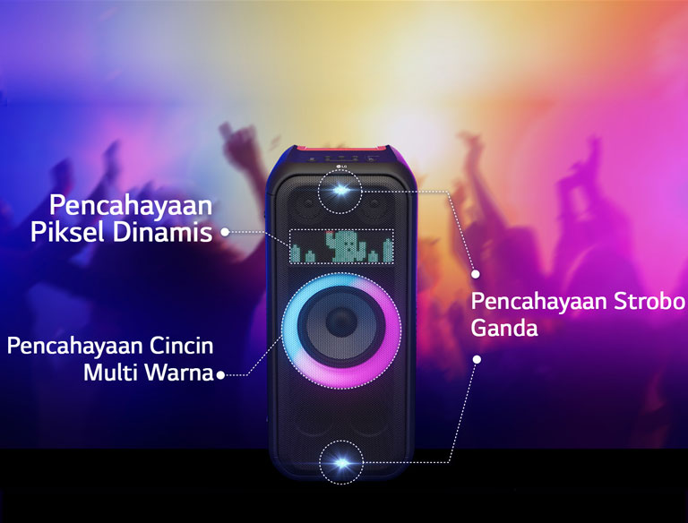 Tampak depan speaker. Terdapat garis untuk menginformasikan tiap bagian pencahayaan. Di bagian atas dan bawah, pencahayaan strobo ganda. Di bagian tengah, pencahayaan cincin multi warna gradien merah muda dan cyon menyala. Di atas adalah pencahayaan piksel dinamis, menampilkan karakter kaktus.