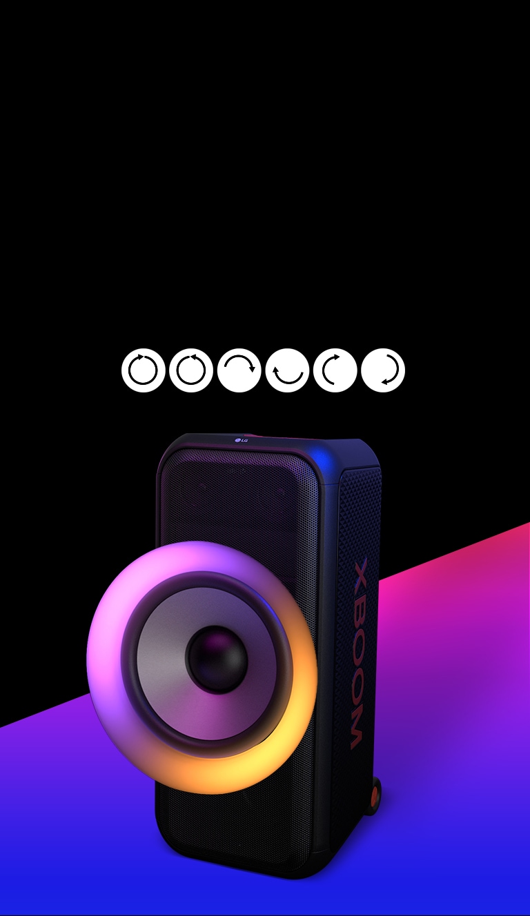 Teks ditempatkan pada area berwarna hitam, dan piktogram gerakan multi color ring lighting ditampilkan; searah jarum jam, berlawanan arah jarum jam, setengah lingkaran atas dan bawah, setengah lingkaran kiri dan kanan, dan efek flash. Speaker ditempatkan pada sudut 45 derajat ke kiri. Dan terdapat area berwarna gradien ungu di bawahnya untuk tujuan desain. Woofer 8 inci dibesar-besarkan untuk menyoroti berbagai warnanya.