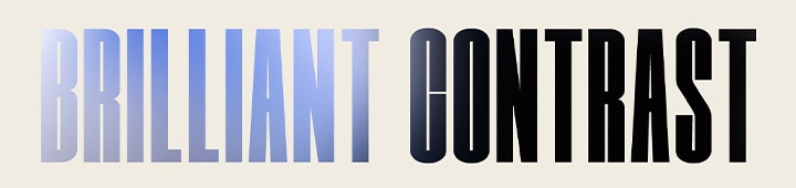 Tulisan 'BRILLIANT CONTRAST' (Kontras yang Brilian) dengan gradasi lembut dari biru muda ke hitam.
