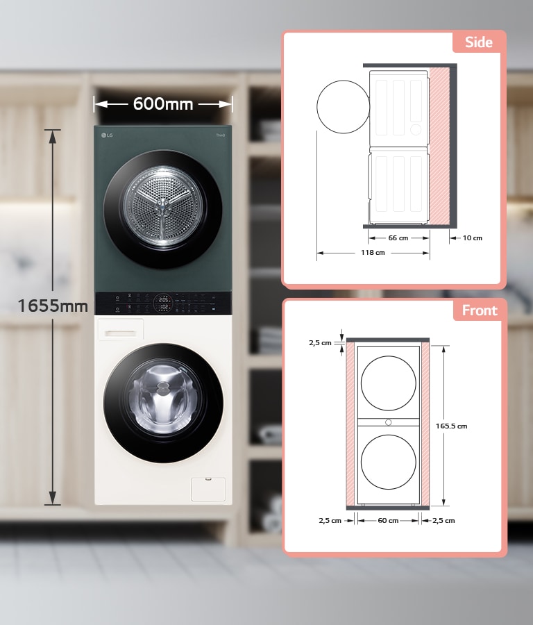Mesin cuci dan pengering LG bertingkat setinggi 1655mm dan lebar 600mm, ditampilkan dengan diagram posisi depan dan samping.