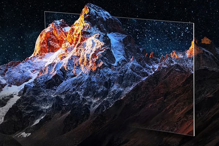 Mountain range with the frame of a TV around it as a creative way to highlight a large TV screen size. With the label 100 inches.