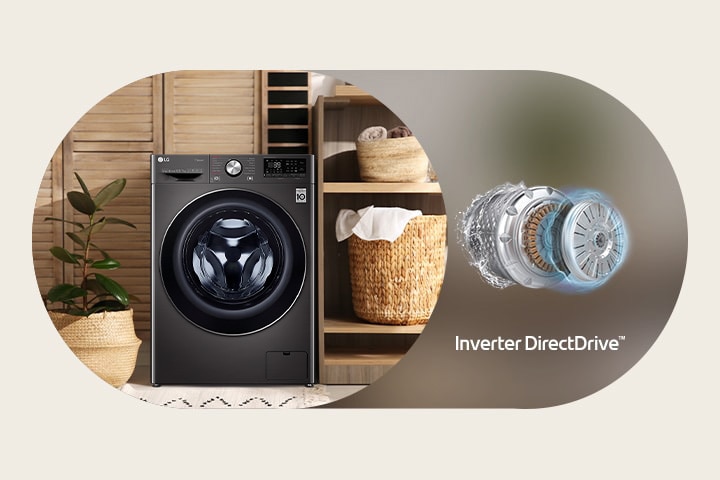 There is a washing machine in the laundry room, and there is an Iverter DirectDrive motor next to it.