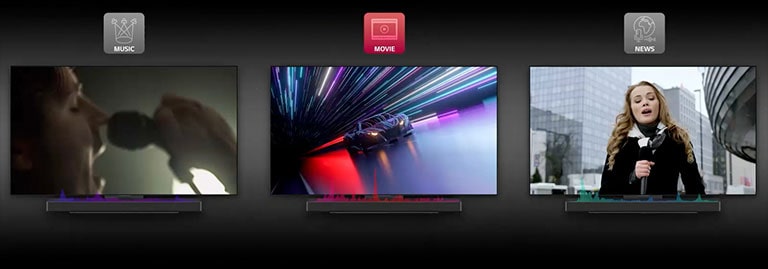 LG SC9S An animated video for illustrating sound bar's AI Sound Pro. First, it shows a video of racing car under various colored straight lights with red sound waves below is in the middle. Then the scene changed to a singer holding microphone right before the the lips in dark green background and blue to purple sound waves below for music mode is on the left. Last, a female anchor holding the microphone in front of buildings with green sound waves below is on the right.
