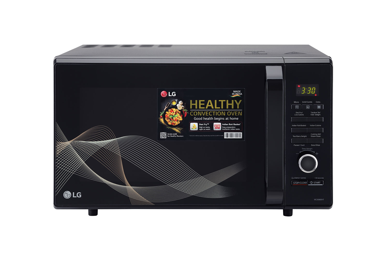 LG 28 L All-In-One Convection Microwave Oven with Diet Fry?, 251 Auto Cook Menu, Roti Basket, Health Plus Menu, Black, MC2886BHT