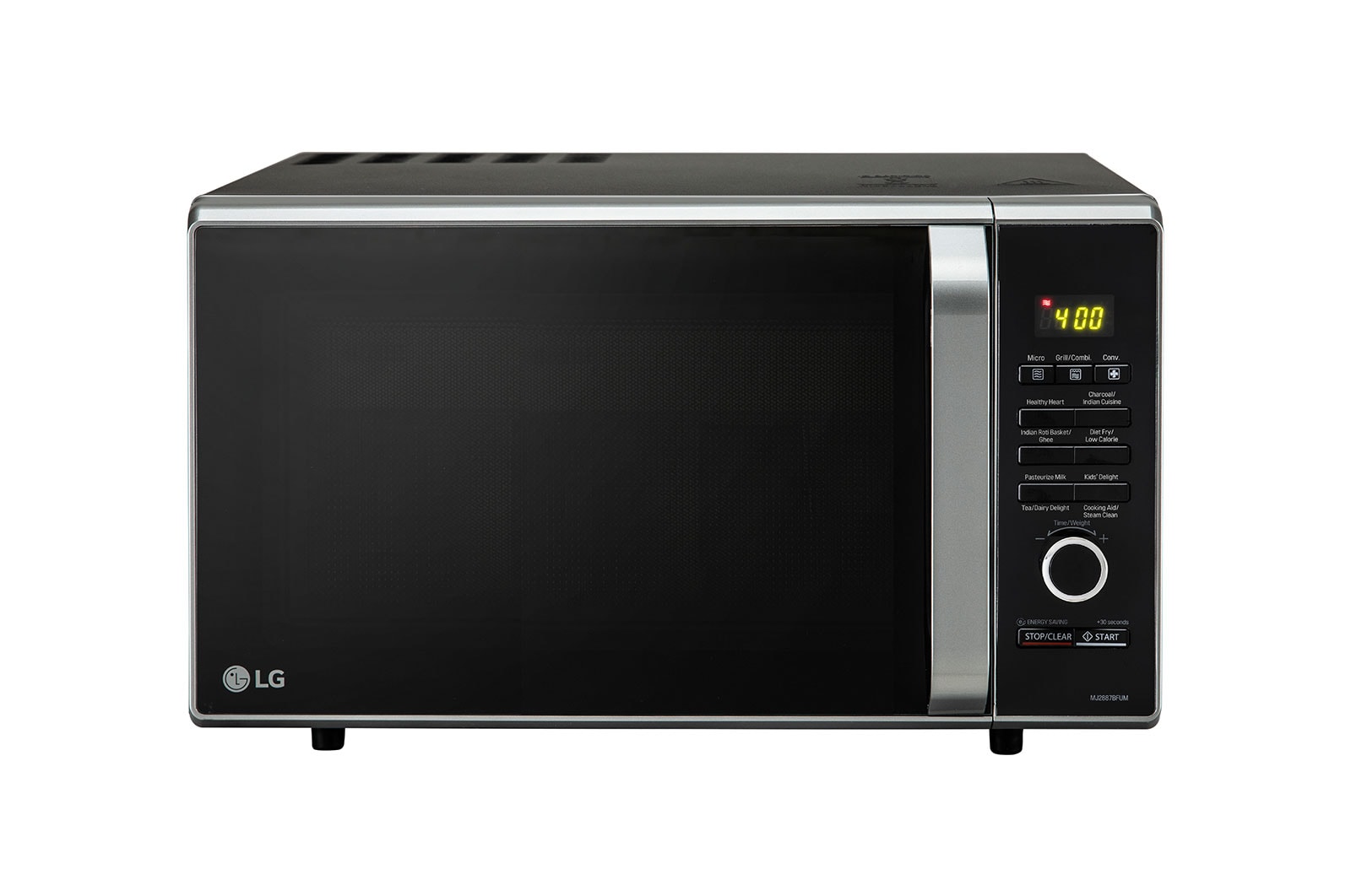 LG MJ2887BFUM charcoal convection microwave front view
