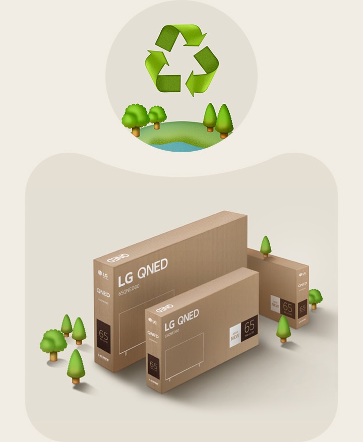 Embalaje LG QNED sobre un fondo beige con árboles ilustrados.