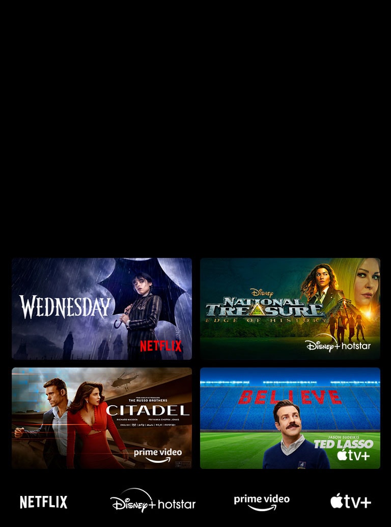 LG 43nano77sra There are logos of streaming service platforms and matching footages right next to each logo. There are images of Netflix's Wednesday, Apple TV's TED LASSO and PRIME VIDEO's The rings of power.