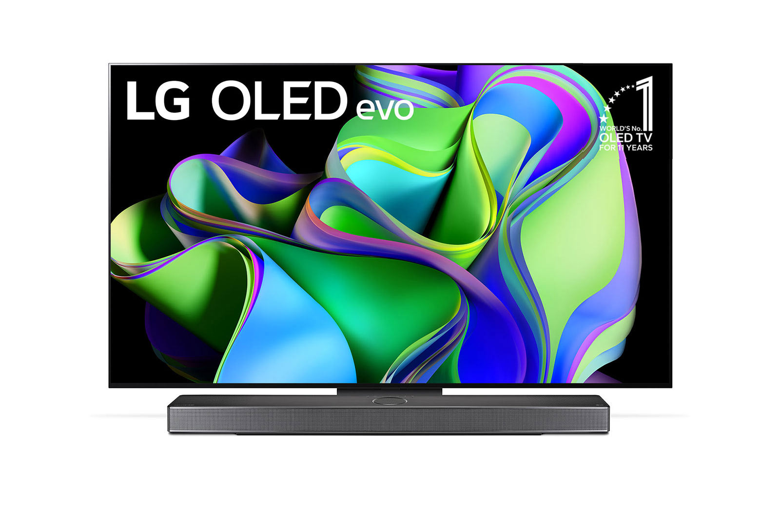 LG-OLED55C3PSA-Front view with LG OLED evo and 11 Years World No.1 OLED Emblem on screen, as well as the Soundbar below. 