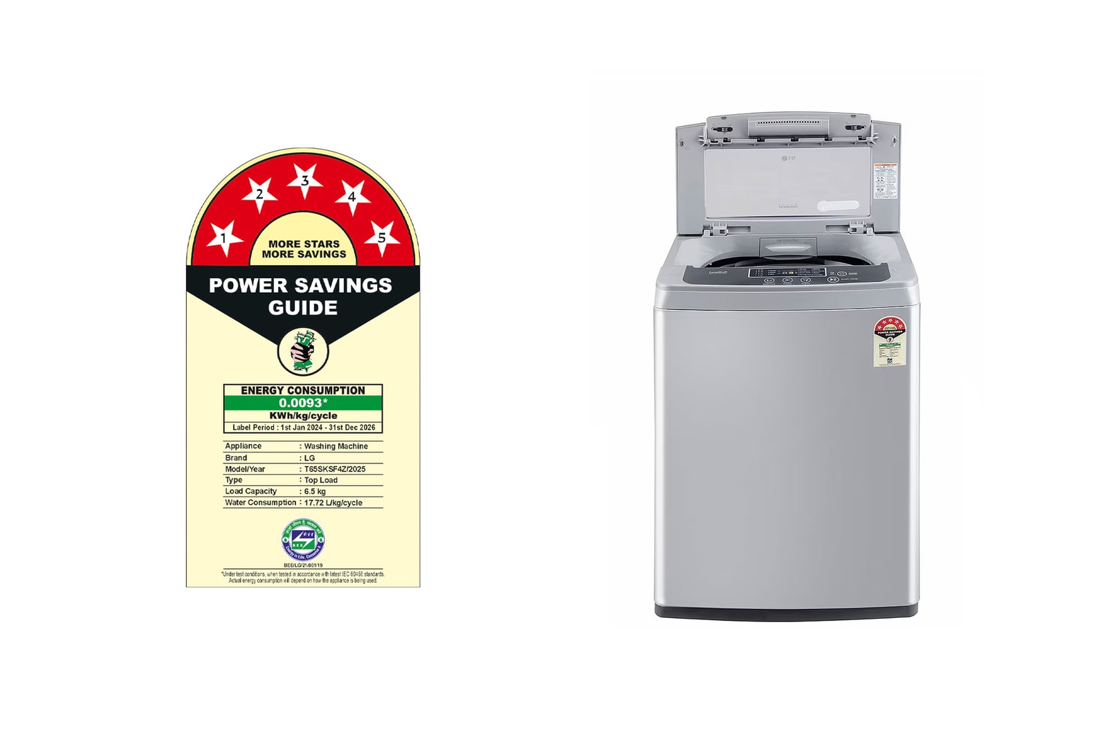 LG 6.5Kg Top Load Washing Machine, Smart Inverter Motor, Middle Free Silver?, T65SKSF4Z