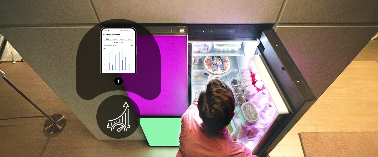 An energy graph is shown next to the person opening the refrigerator