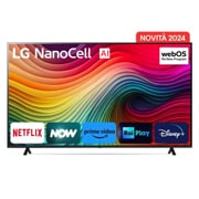 Immagine frontale del TV con la scritta Novità 2024 in alto. Sullo schermo ci sono i loghi Netflix, NOW, Prime Vide, Rai Play e Disney+.