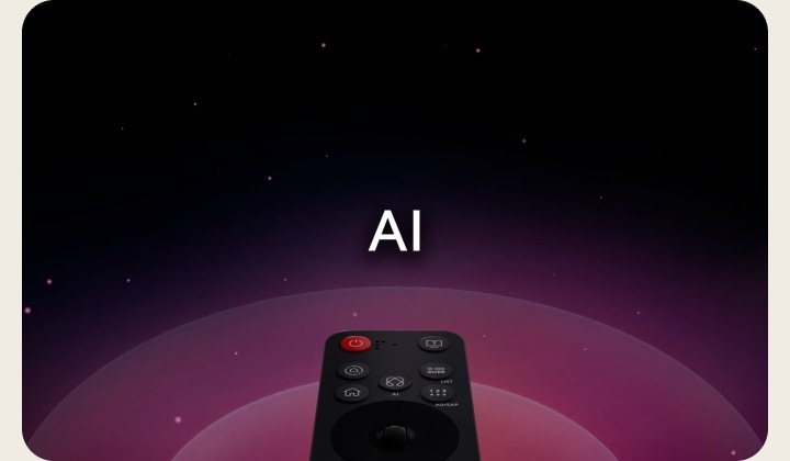 Un AI Magic Remote LG su uno sfondo astratto. Il pulsante AI è messo in evidenza. è disponibile una rappresentazione grafica dell’interfaccia utente con icone che mostrano come il pulsante AI permette agli utenti di accedere alle diverse funzionalità dell’IA. I servizi comprendono AI Voice ID, Ricerca con l’IA, AI Chatbot, AI Concierge, AI Picture Wizard e AI Sound Wizard. La funzionalità simile a quella del mouse viene presentata quando il cursore appare su un’interfaccia, mostrando come il telecomando offra controlli semplificati.