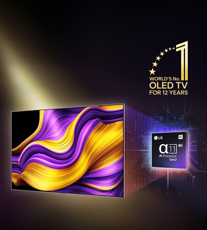 LG OLED TV con un’opera d’arte astratta colorata sullo schermo e il processore alpha 11 AI Gen2 evidenziato dietro. Luci intense escono dal processore e dalla TV, mettendo in mostra la loro tecnologia avanzata. è visibile anche l’emblema della OLED TV numero 1 al mondo da 12 anni. 