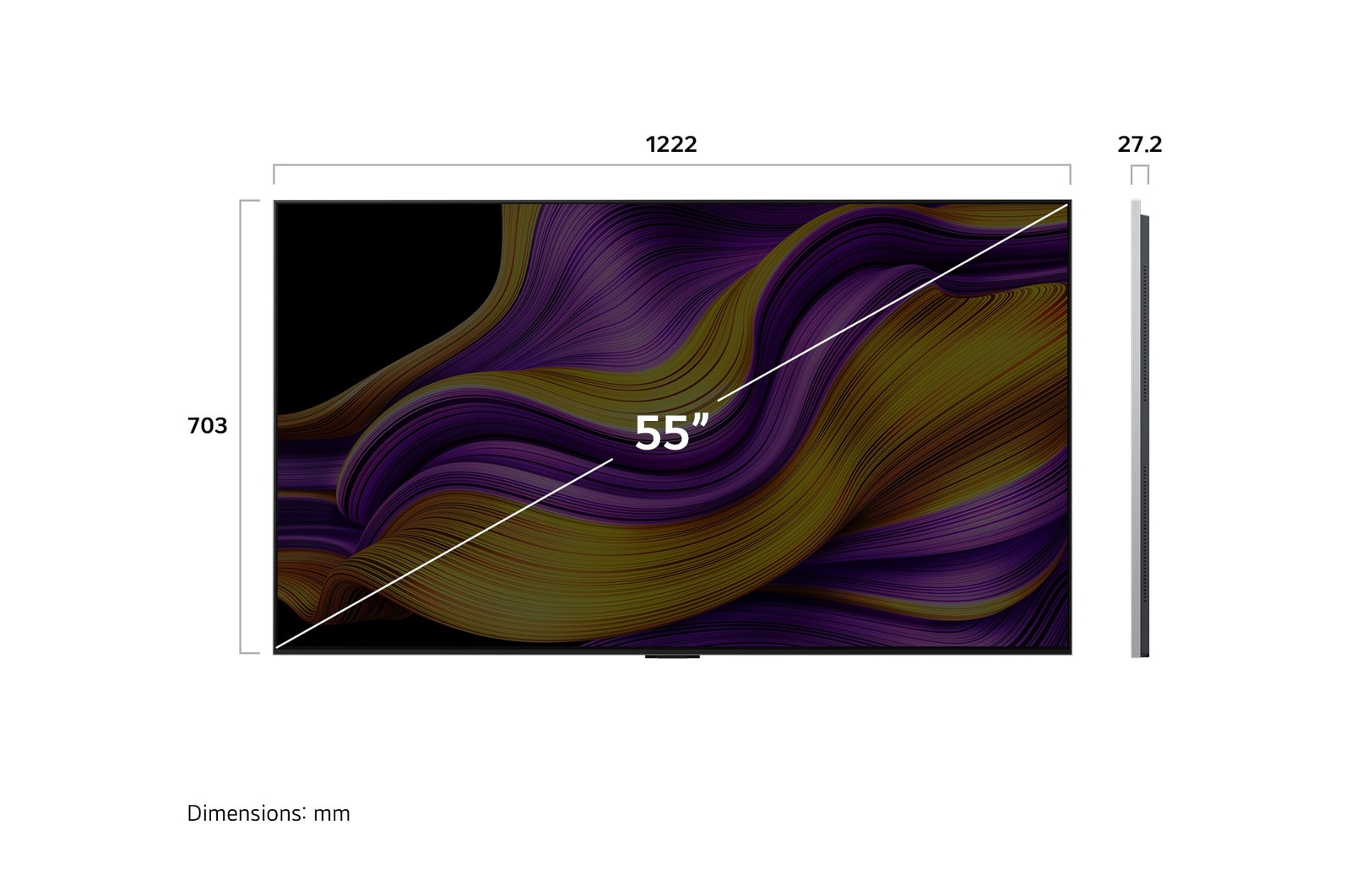 Vista frontale e laterale dello Smart TV LG OLED evo AI G5 4K che mostra le dimensioni di lunghezza, larghezza, altezza e profondità.