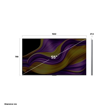 Vista frontale e laterale dello Smart TV LG OLED evo AI G5 4K che mostra le dimensioni di lunghezza, larghezza, altezza e profondità.