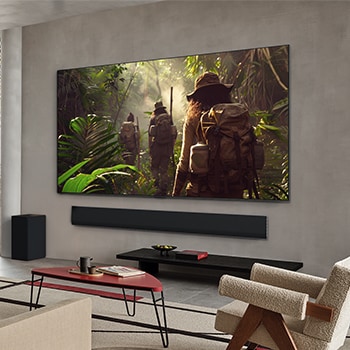 Ampia veduta di un salotto all’interno di una casa prestigiosa, un uomo sta guardando un film sulla LG OLED TV montata sulla parete. Il design del televisore si integra elegantemente con la parete e l’arredamento.