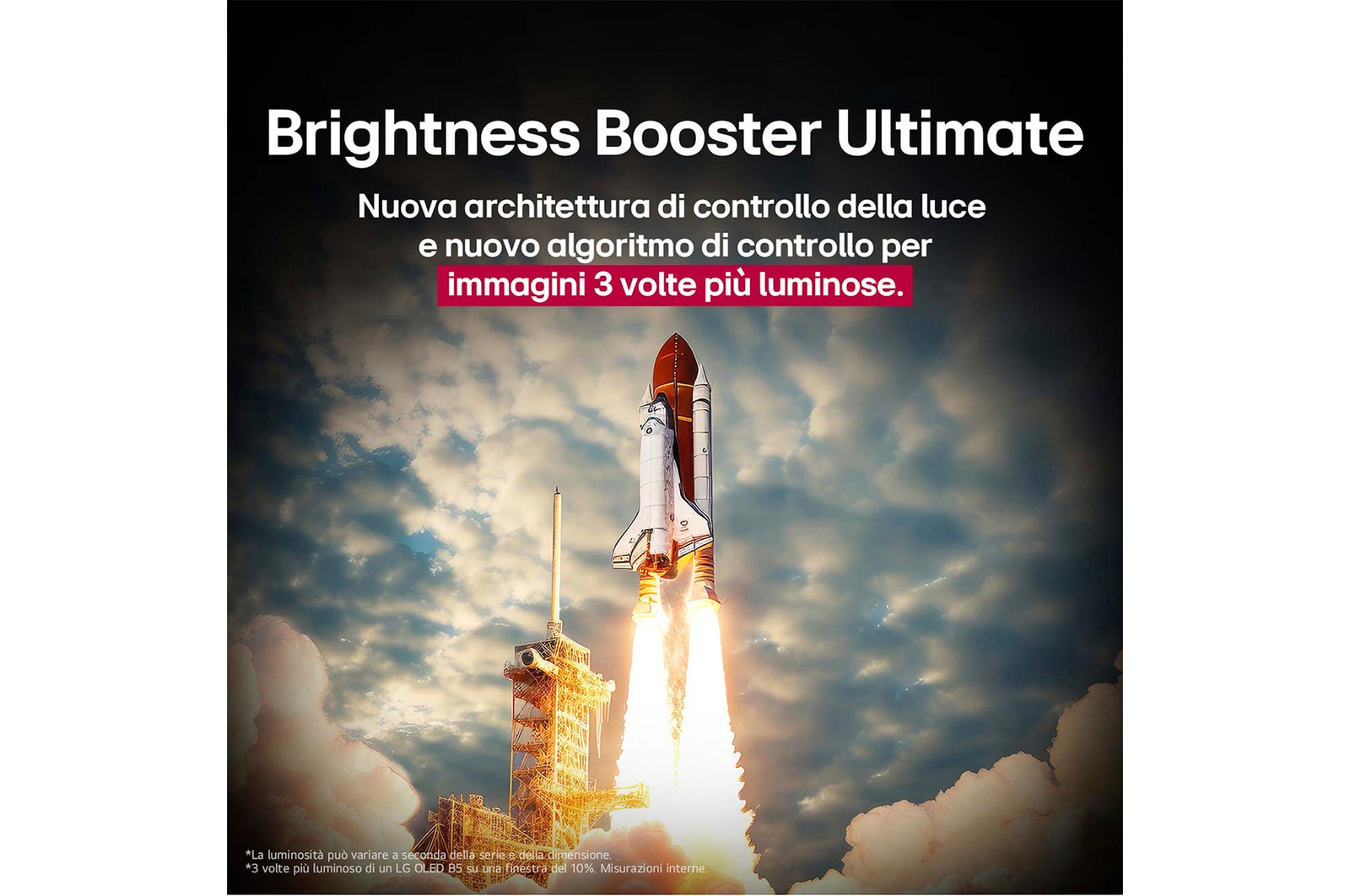 Uno space shuttle in fase di lancio da terra La scena è divisa a metà: una metà è leggermente più scura e opaca, l’altra metà mostra come le immagini dell’esplosione del razzo siano straordinariamente luminose sullo schermo di una LG OLED TV con la struttura di emissione della luce e l’architettura di controllo dell’illuminazione del Brightness Booster Max.