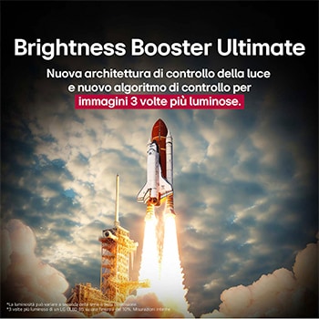 Uno space shuttle in fase di lancio da terra La scena è divisa a metà: una metà è leggermente più scura e opaca, l’altra metà mostra come le immagini dell’esplosione del razzo siano straordinariamente luminose sullo schermo di una LG OLED TV con la struttura di emissione della luce e l’architettura di controllo dell’illuminazione del Brightness Booster Max.