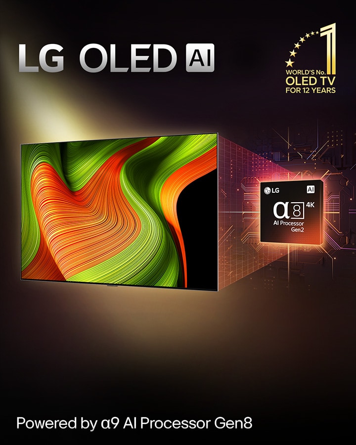 Sullo schermo di un televisore LG OLED evo AI si vede un’immagine astratta con dettagli, colori e contrasto impressionanti. Una versione ingrandita del processore alpha 8 AI Gen2 è installato dietro la TV. La sua luce illumina i circuiti dei microchip che lo circondano. Il titolo recita LG OLED evo AI. è visibile anche il testo, basato sul processore LG alpha 8 AI Gen2. Nell’angolo è presente un logo dorato con stelle che recita: OLED TV numero uno al mondo da 12 anni. 