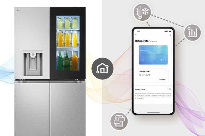 Frigorifero LG con porta trasparente, bevande colorate all'interno, affiancato da un telefono con app per gestione frigo.