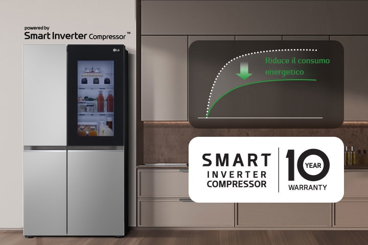 Frigorifero LG con Smart Inverter Compressor in cucina moderna, riduce il consumo energetico, garanzia di 10 anni.