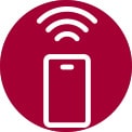 Icona di uno smartphone con segnale wireless all'interno di un cerchio grigio.