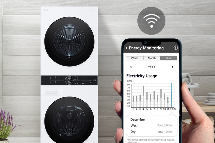 Lavatrice e asciugatrice LG sovrapposte bianche con monitoraggio energetico su smartphone, simbolo Wi-Fi sopra.