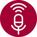 Microfono bianco stilizzato al centro di un cerchio rosso con onde sonore che si propagano verso l'alto.