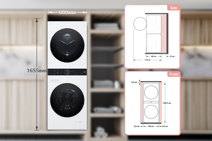 Lavatrice e asciugatrice LG bianche sovrapposte, alte 1655mm e larghe 600mm, collocate in un ambiente domestico moderno.