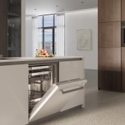 Foto ambientata di una cucina vista di lato con la lavastoviglie integrata
