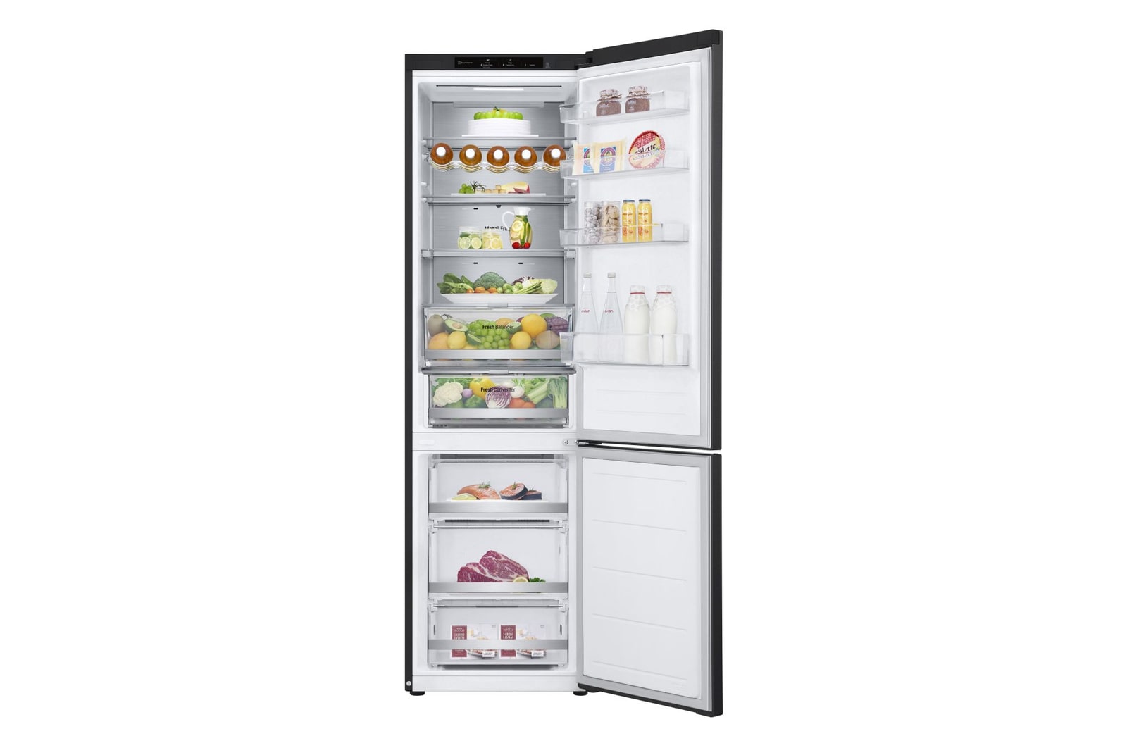 Immagine frontale del frigo con le porte aperte e pieno di cibo