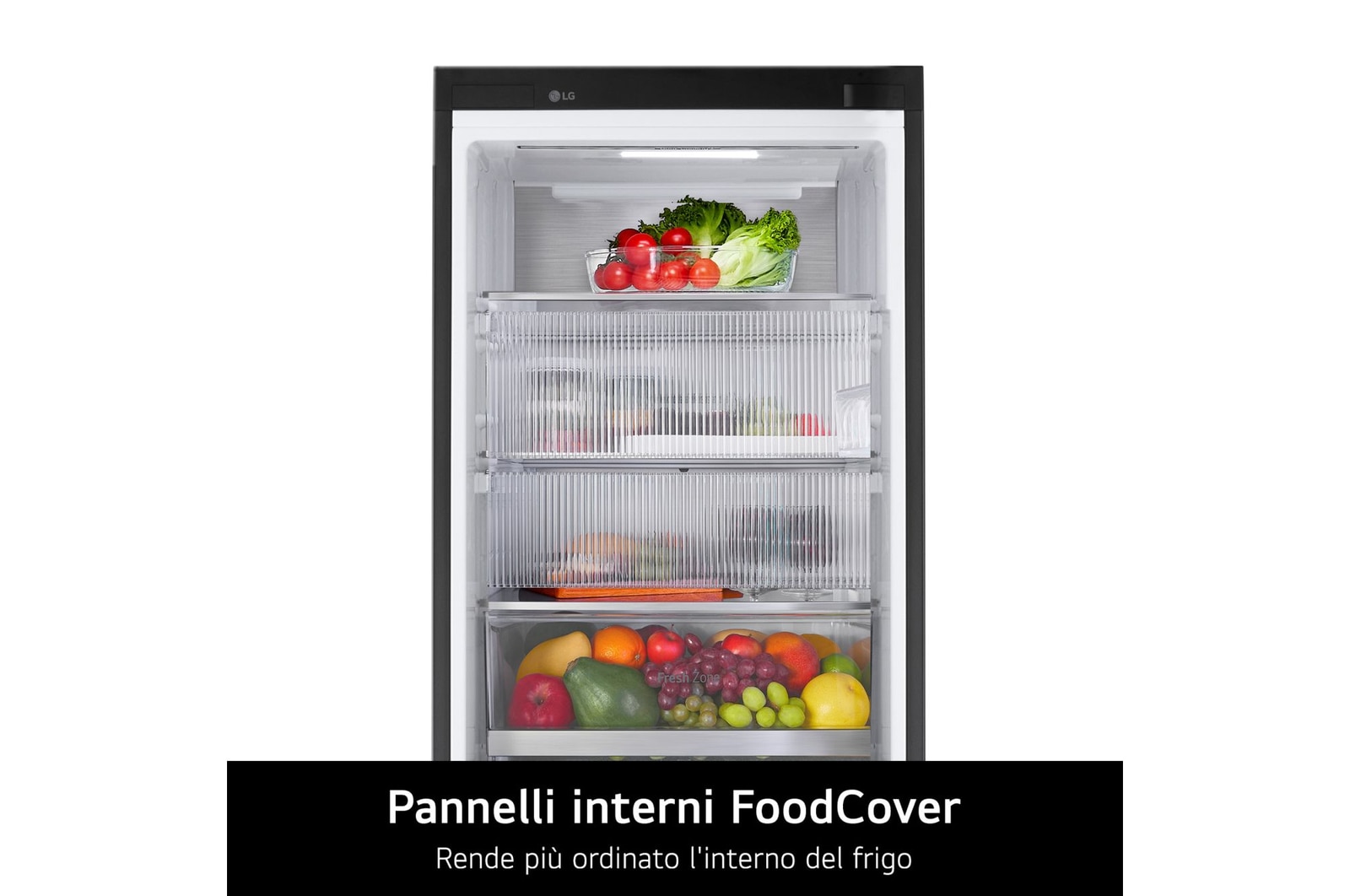Dettaglio delle funzioni aggiuntive del frigo: illuminazione a tempo di musica, luce di presenza e luce di cortesia
