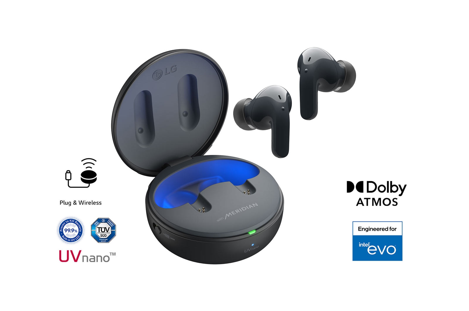 W?hrend die Ohrh?rer in der Luft sind, wird beim ?ffnen des Geh?usedeckels Licht abgegeben. ?Plug and Wireless“ erscheint links, die Logos von UVnano und Dolby Atmos? rechts.