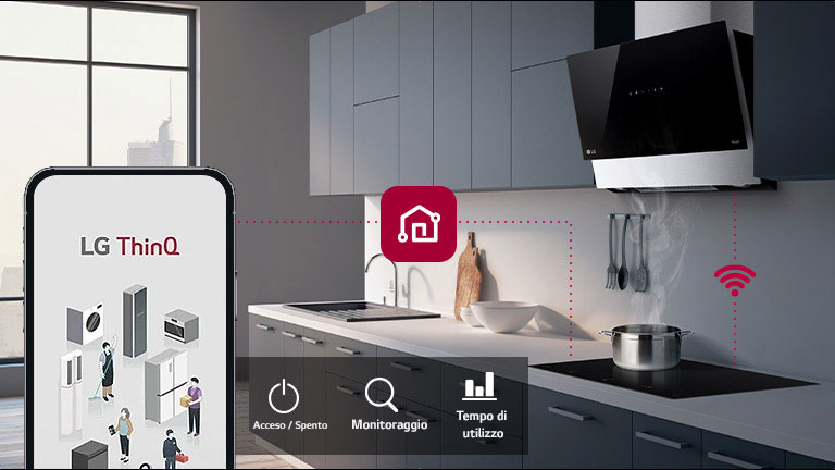 Cucina moderna con elettrodomestici LG controllati tramite l'app LG ThinQ su smartphone.