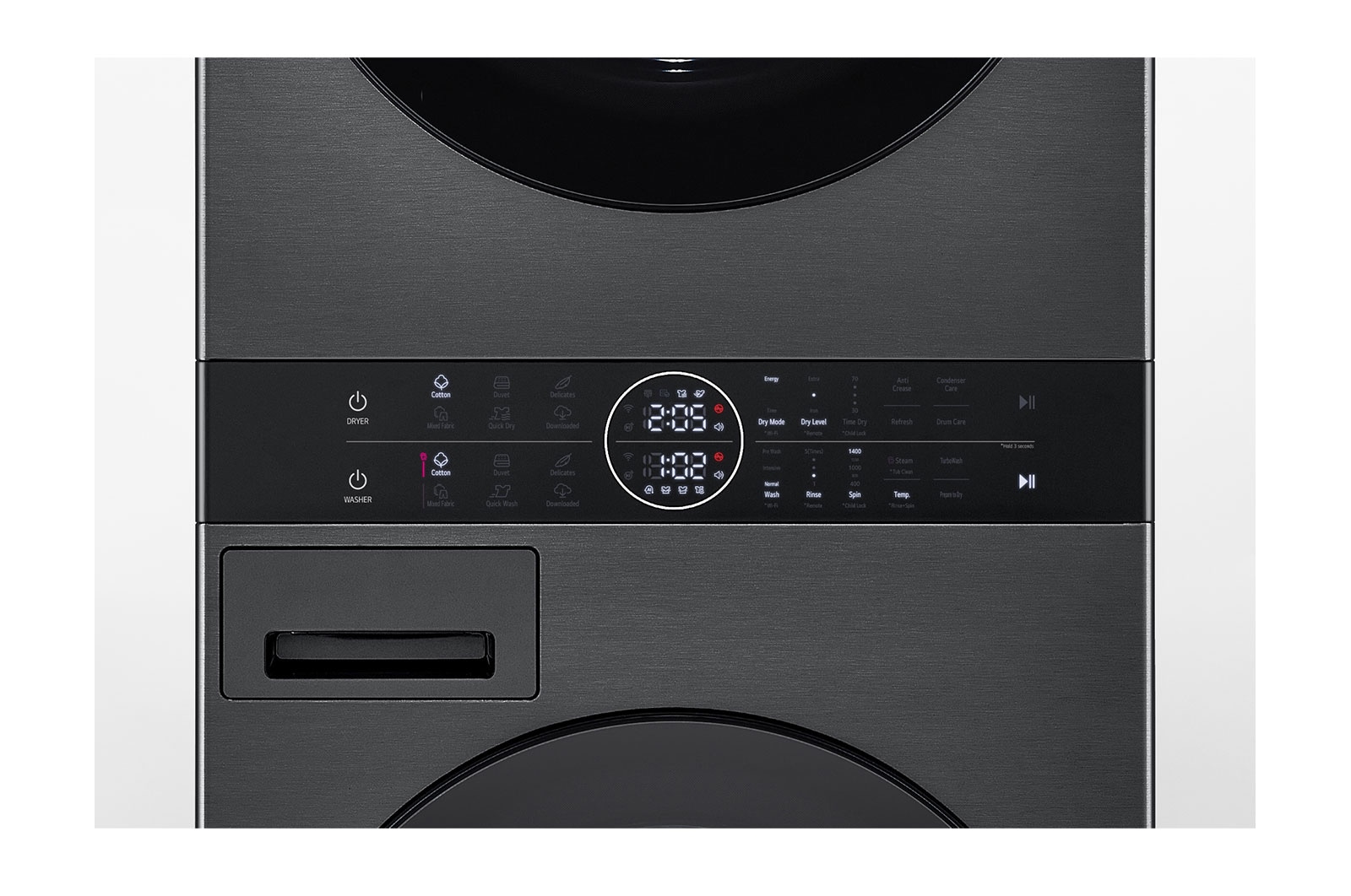 LG WashTower Colonna Bucato 12/10kg AI DD | Classe A-10% / A+++ | Pannello unificato, TurboWash360, Pompa di calore | Nera, WT1210BBF