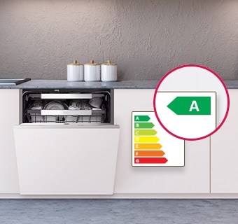  Lavastoviglie LG incassata in una cucina moderna, aperta, con etichetta energetica verde classe A evidenziata.