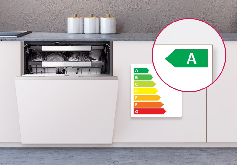 Lavastoviglie con la porta semi aperta e un bollo che indica la classe di efficienza energetica A.