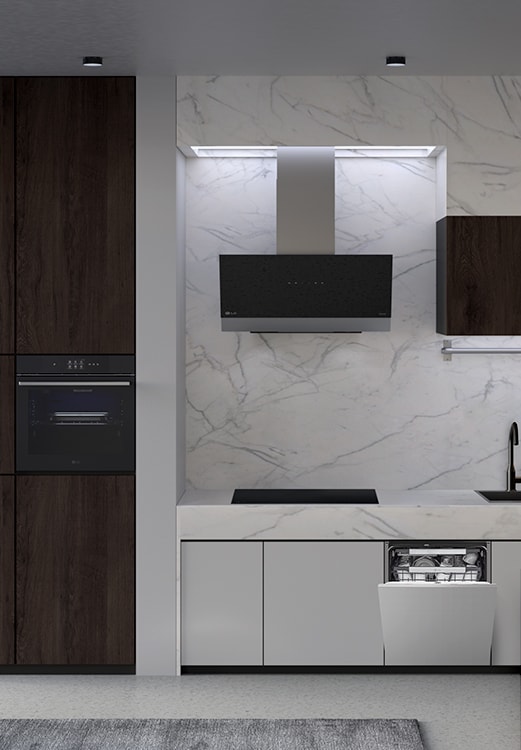 Immagine di una cucina con la lavastoviglie da incasso, il forno una cappa e un piano a induzione.