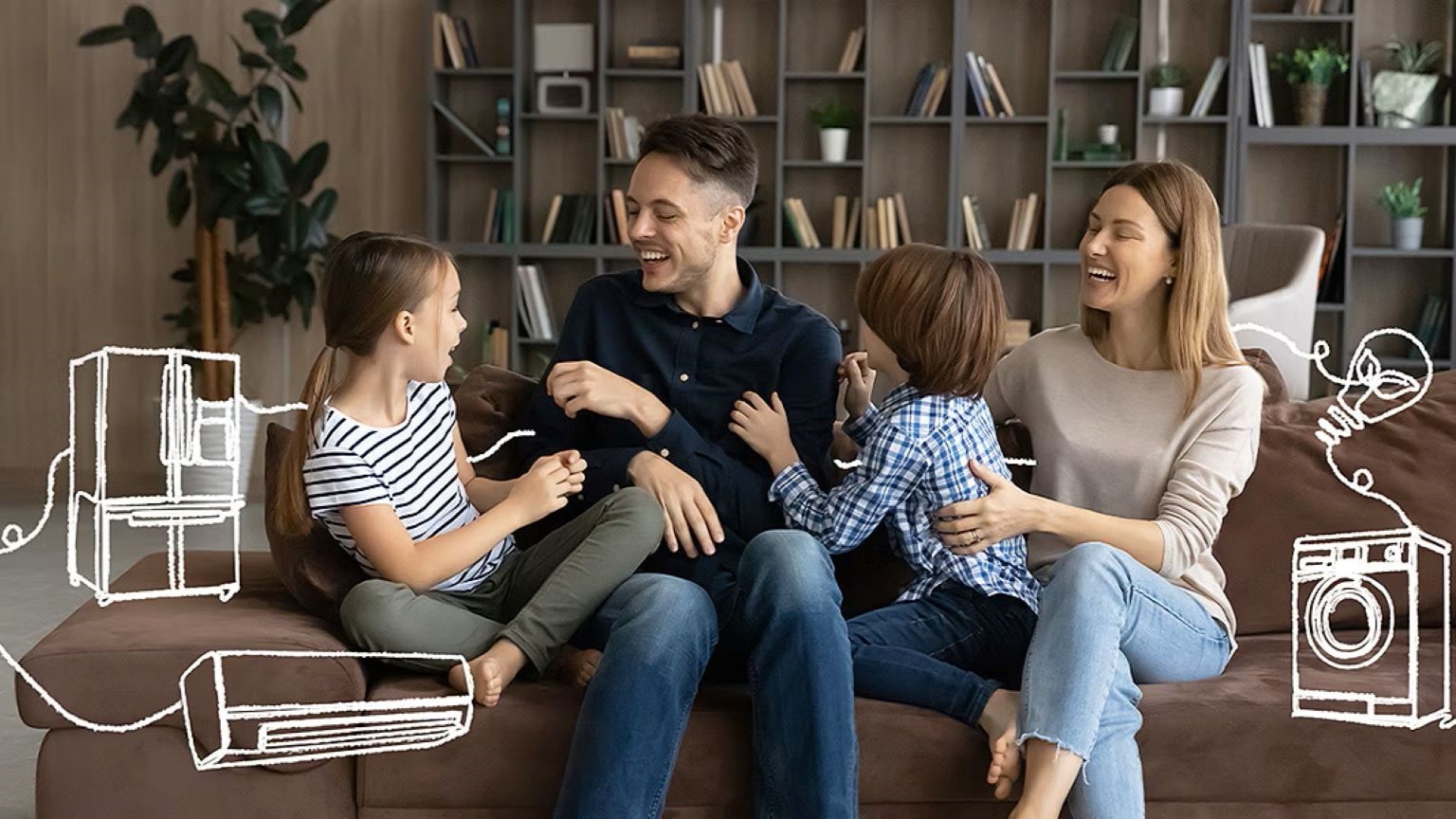 Tutti gli obiettivi di sostenibilità LG: immagine di una famiglia in casa con immagini di prodotti LG.?
