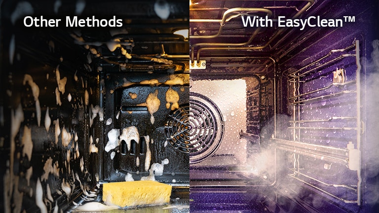 Un forno diviso a metà mostra la differenza tra i metodi tradizionali di pulizia e la tecnologia EasyClean? di LG.