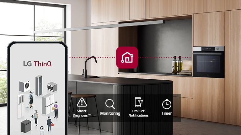 Cucina moderna con forno a muro LG connesso a smartphone tramite LG ThinQ per monitoraggio e notifiche.