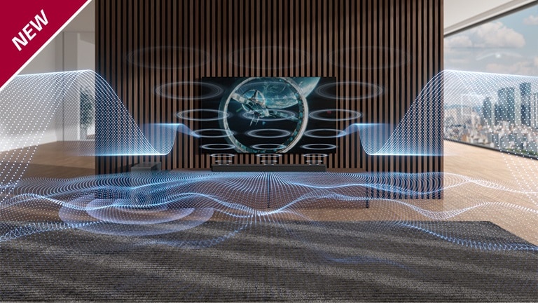 Dalla Sound Bar e dal televisore vengono emesse onde sonore di vari colori blu. Il testo NEW (NOVITà) viene visualizzato nell’angolo superiore sinistro.