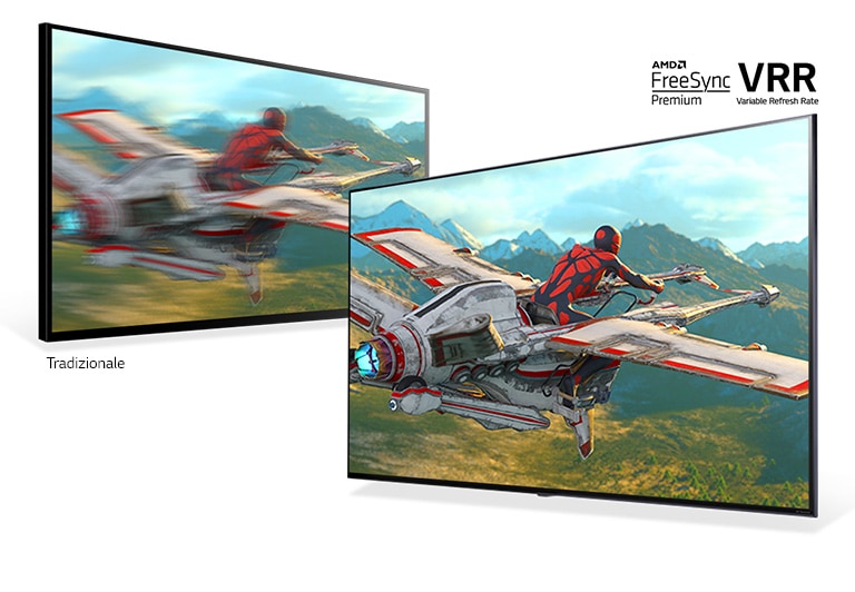 Due TV mostrano fotogrammi di una gara. L’immagine del TV tradizionale è sfocata, mentre quella del TV con AMD FreeSync e VRR è nitida.