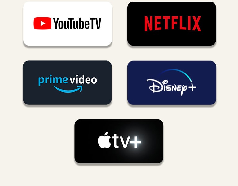 Icone dei servizi streaming supportati da StanbyME Go: Netflix, Amazon Prime Video, YouTubeTV, Disney+ e Apple TV+.