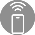 Smartphone stilizzato bianco con onde di segnale su sfondo rosso circolare.