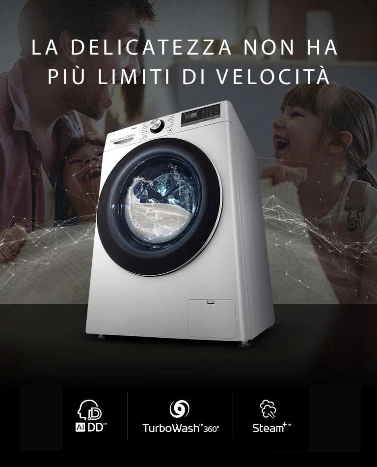 Lavatrice LG bianca con schermo digitale, cestello illuminato, TurboWash 360 e funzione vapore.