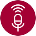 Icona rotonda rossa con un microfono bianco al centro, circondato da onde sonore bianche.