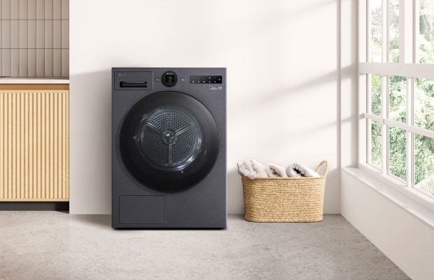 L’asciugatrice LG e il lavandino sono posizionati nelle vicinanze. Nell’angolo in basso a destra dell’immagine è visibile un prodotto tagliato.