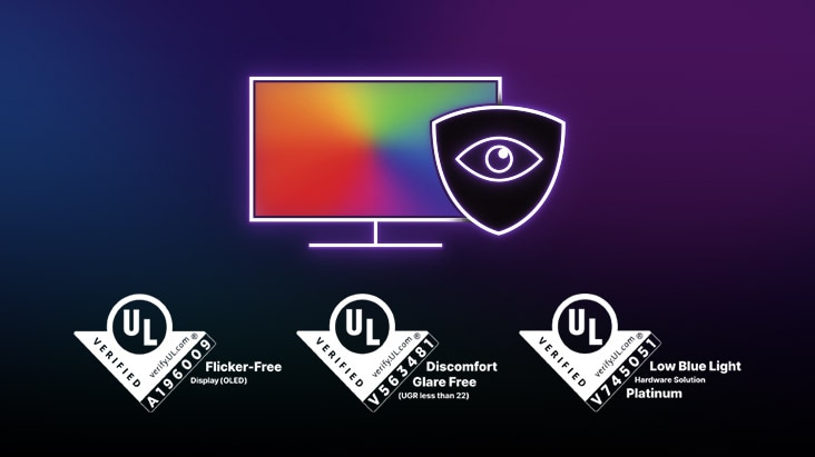 Logo LG OLED's UL - UL VERIFIED Flicker-Free Display (OLED), UL VERIFIED Discomfort Glare Free, UL VERIFIED Low Blue Light Hardware Solution Platinum.	